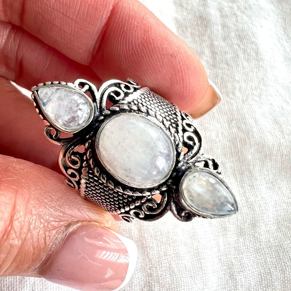 925 OMG! Gorgeous! Triple Rainbow Flash Moonstone Ring 6 7 8 9 10 - Picture 3 of 11